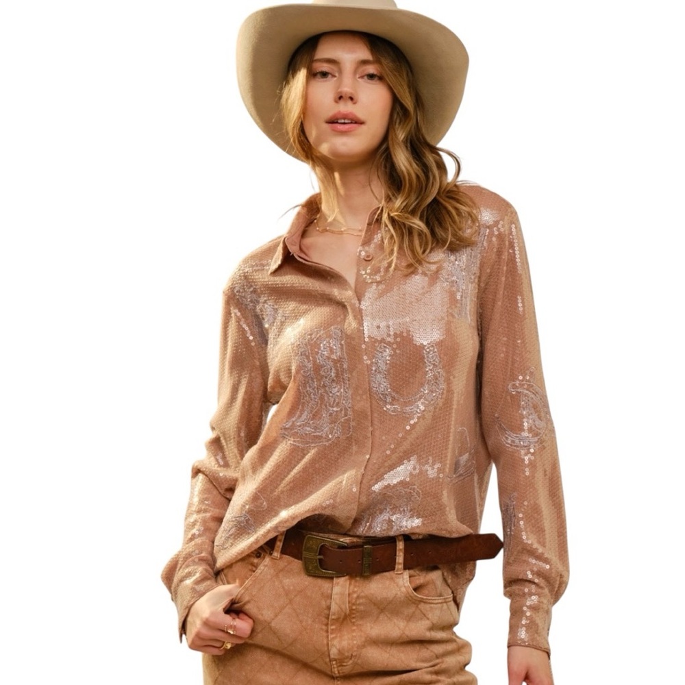 NEW blue b Taupe Embroidered Western Rodeo Cowboy Boot Hat Horse Button Up Shirt